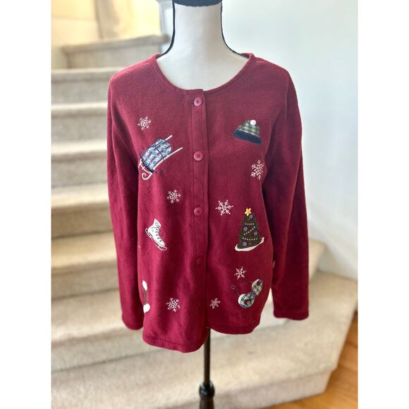 90s Croft Barrow Burgundy Red Fleece Button Winter Applique Cardigan - Picture 1 of 7